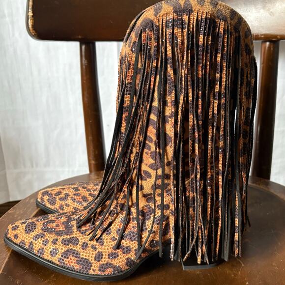 Oupiano Animal Print Rhinestone Fringe Pointy Toe Boots Size 9 New - Picture 6 of 7